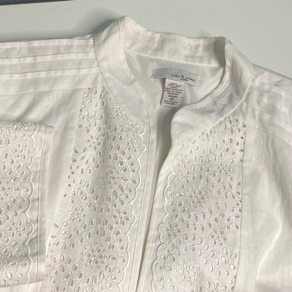 Lucy & Laurel Jackets & Blazers - Lucy & Laurel White 100% Linen Eyelet Embroidered Jacket Plus Size 3X Woman